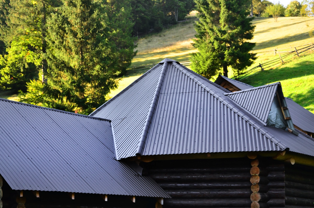 corrugated metal roof on a log building with trees in the background